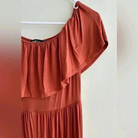 boohoo Stretch Midi Dress, Ruffled Off the Shoulder Sleeves, Burnt Orange, 6 - Picture 16 of 16